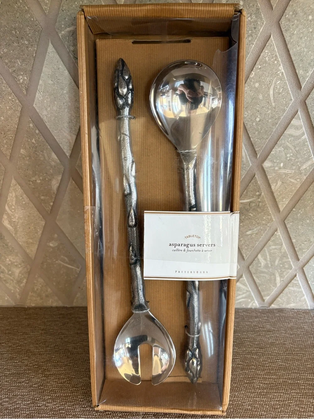 Pottery Barn Large 13.5” Metal Silver Asparagus Servers Tabletop Set Beautiful